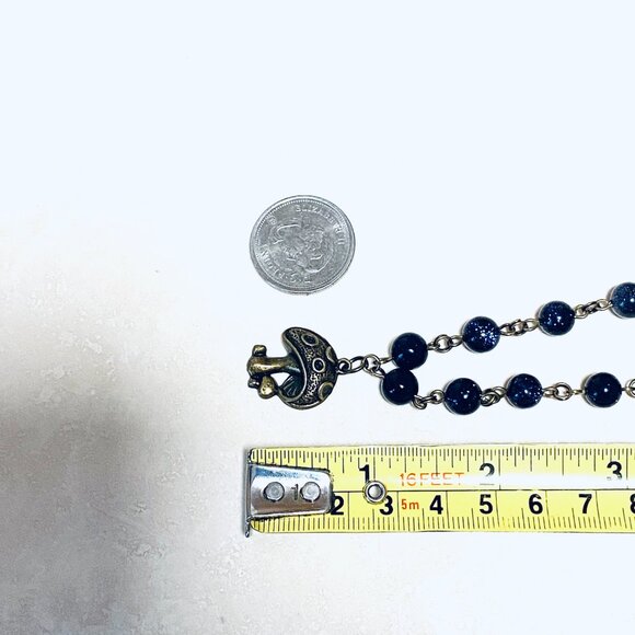 Dark Blue Goldstone Bronze Link Adjustable Short Necklace + Round Mushroom Charm - Picture 13 of 15